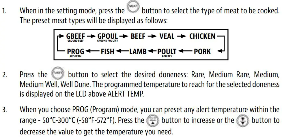 PIT BOSS 40854 Wireless Digital Meat Thermometer User Guide - MEAT PROGRAM SETTING MODE