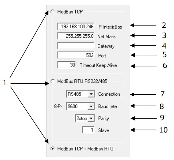 INMBSMHI048O000 Intesis Modbus Server Mitsubishi Heavy - Modbus interface configuration parameters