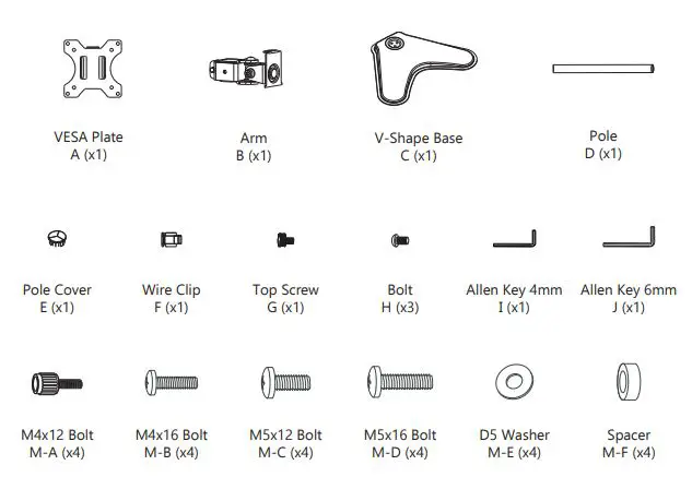 Wali Single Monitor Desk Stand - Supplied Parts List