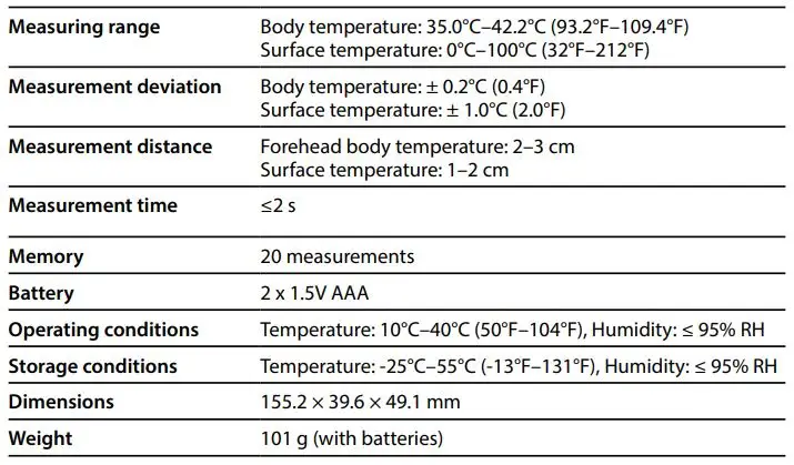 truelife Care Q10 BT Infrared thermometer User Manual - SPECIFICATIONS