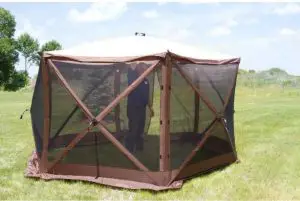 a tent in a grassy field