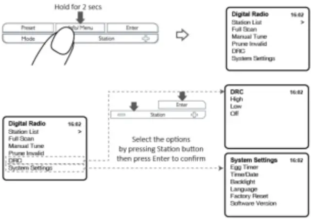 Lenco CR 620 DAB+ FM Clock Radio with Color Display - Menu