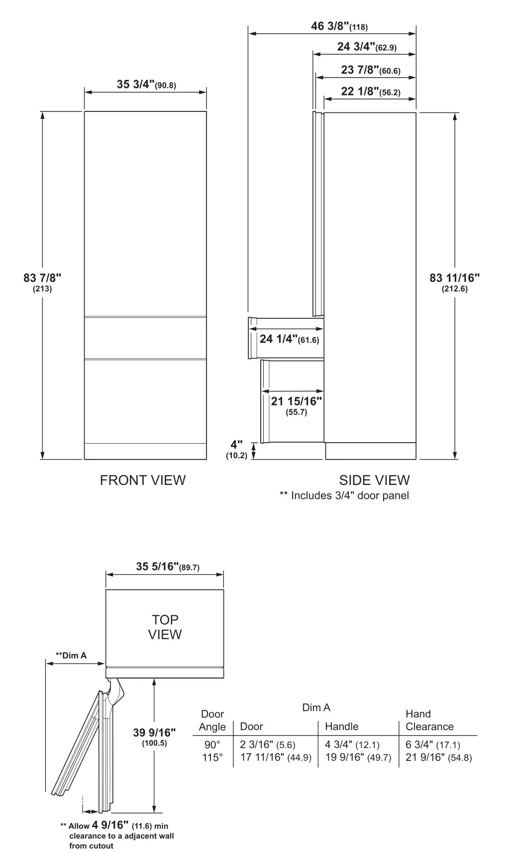 MONOGRAM ZIC363NBVLH 36 Inch Commercial Style Bottom Freezer - OVERALL DIMENSIONS