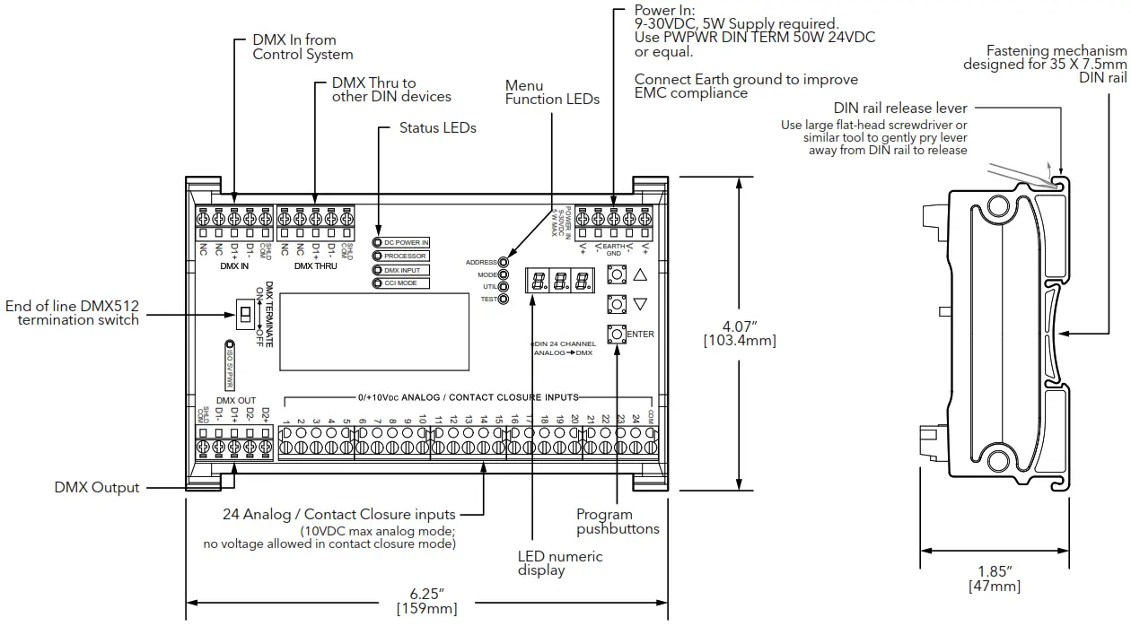 Pathway 1006 PWINF DIN A2D Analog to DMX 24 Channel eDIN Demultiplexer - CONNECTIONS