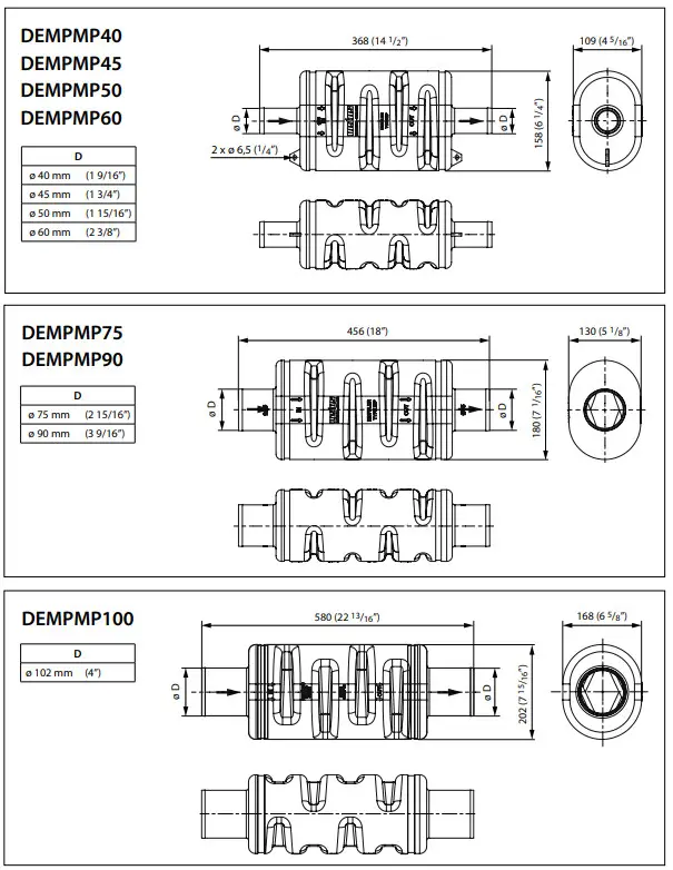 Vetus DEMPMP Wet Exhaust Muffler - Principal dimensions