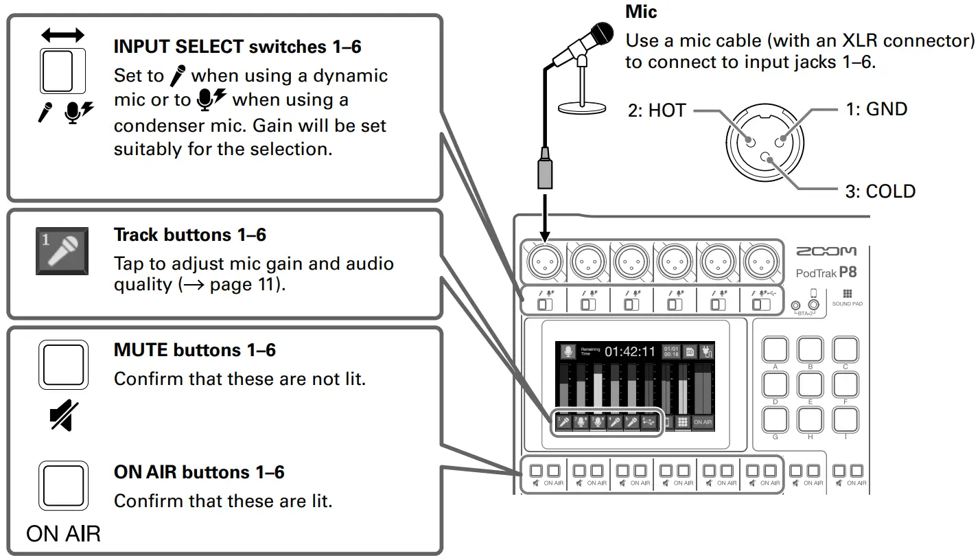 ZOOM Podtrak P8 Portable Multitrack Podcast Recorder - Connecting mics