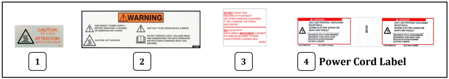 GOLD MEDAL 5888 Portion Pak Cheese Warmer and Warming Cabinet - Safety Labels