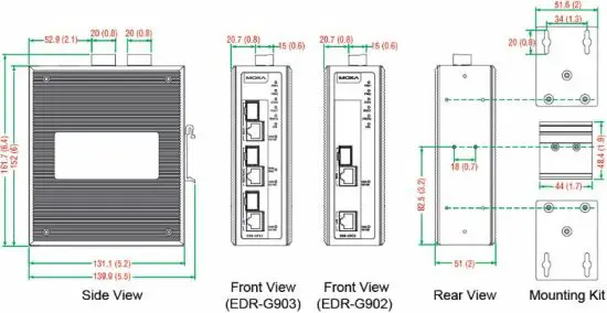 MOXA EDR G902 Series Industrial Gigabit firewall NAT Secure Router- Mounting Dimensions