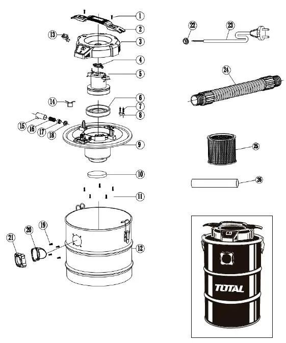 TOTAL TAVC12202 ASH Vacuum Cleaner - Exploded view