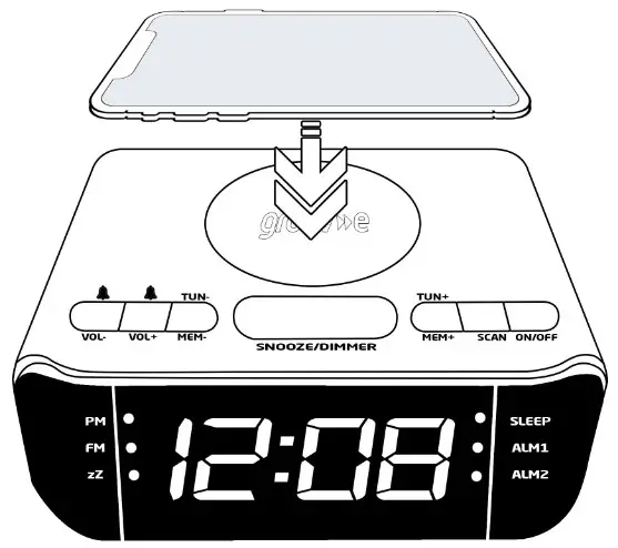 groove GV-WC06 Atlas Alarm Clock Radio with USB and Wireless Charging - Charging