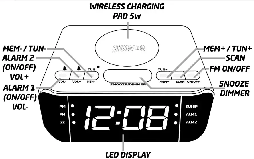 groove GV-WC06 Atlas Alarm Clock Radio with USB and Wireless Charging - WIRELESS CHARGING