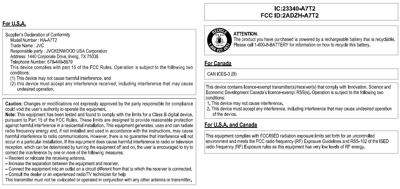 JVC HA-Z77T Wireless Headphone User Manual - HA A7T2 only