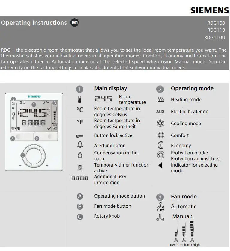 SIEMENS RDG110U Room Thermostat Instruction Manual