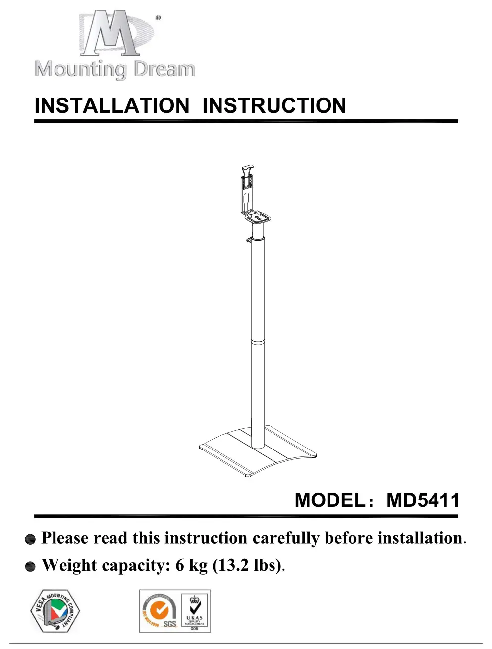 Mounting Dream MD5411 Speaker Stand Installation Guide