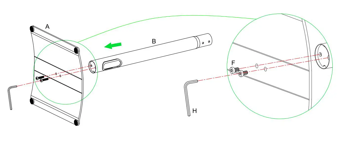 Mounting Dream MD5411 Speaker Stand - Step 1 Insert bottom tube (B) into base (A),then fasten bolt (F) by using Allen key (H)