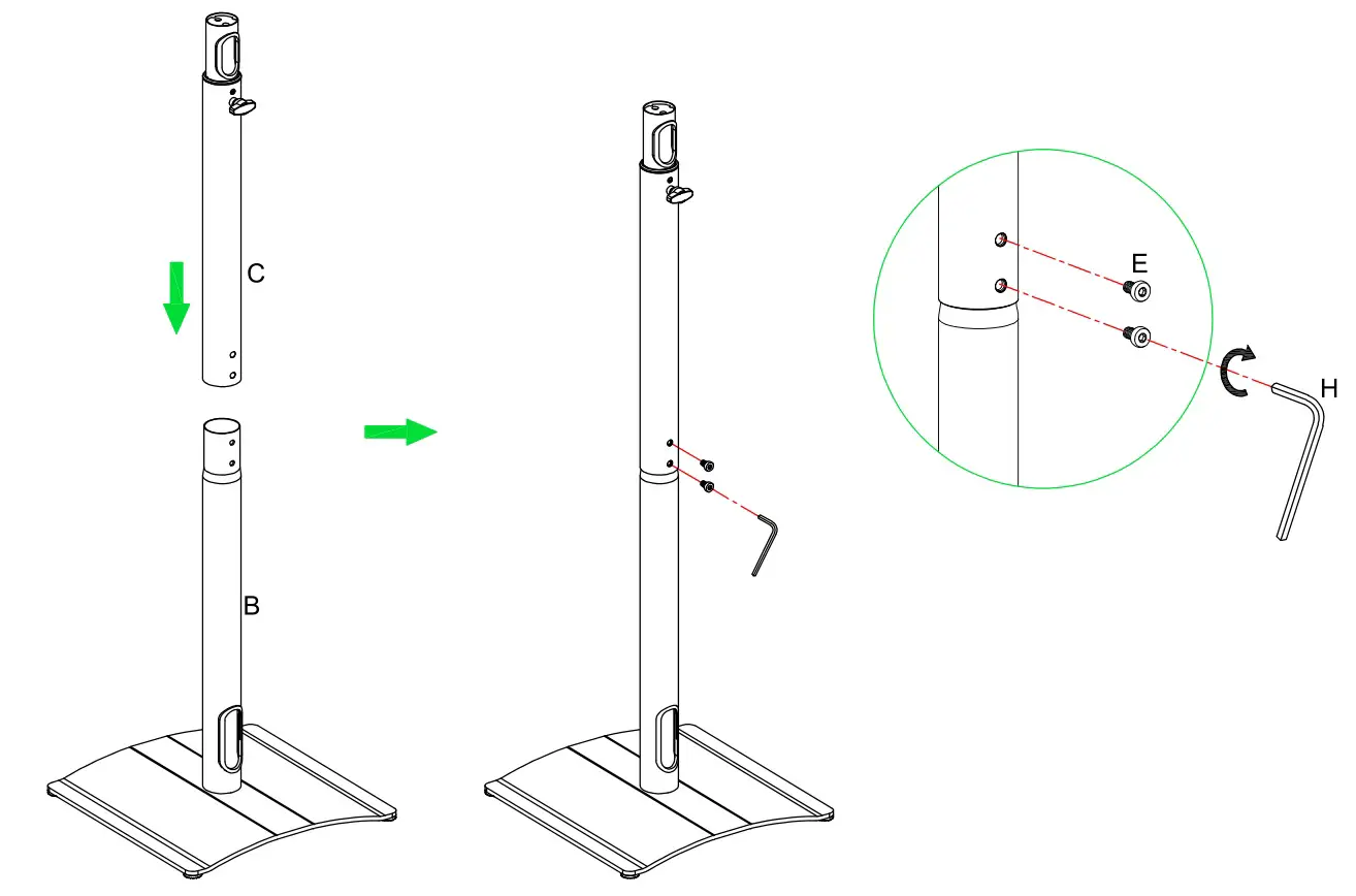 Mounting Dream MD5411 Speaker Stand - Step 2 Insert adjustable tube (C) into bottom tube (B) and use Allen key (H) to fasten bolt (E).