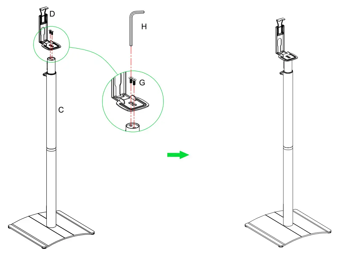 Mounting Dream MD5411 Speaker Stand - Step 3 Insert the speaker attachment unit (D) into the adjustable tube (C), and use Allen key (H) to fasten bolt (G).