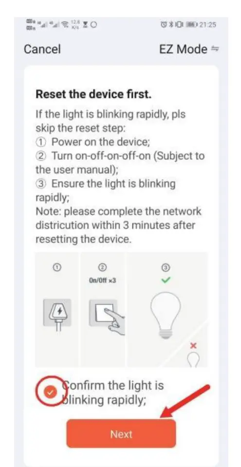 Shenzhen Carolx Technology W2003 Star Night Light Projector - Check (Confirm the light is blinking rapidly), and then clicking Next.