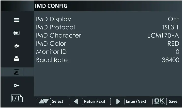 SWIT 15.6 LCD Monitor- IMD CONFIG Menu