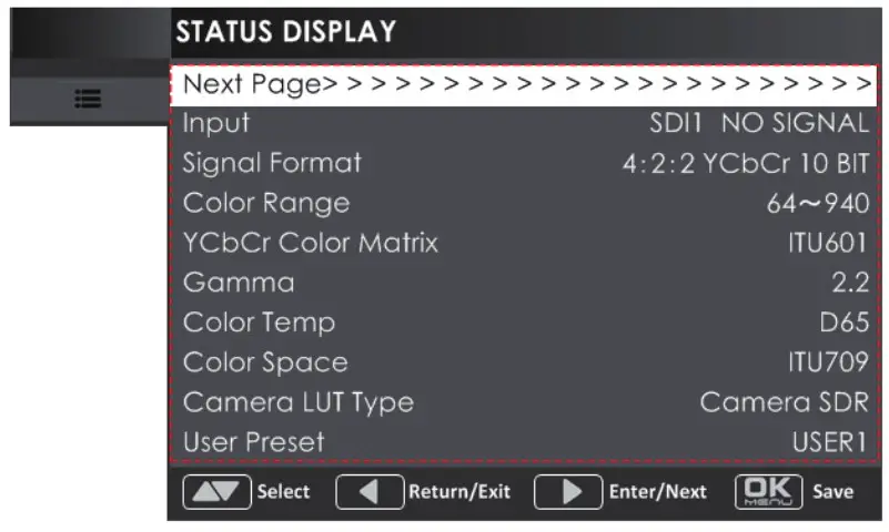 SWIT 15.6 LCD Monitor-Main Menu List