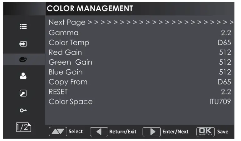 textSWIT 15.6 LCD Monitor- SWIT 15.6 LCDColor Management Menu