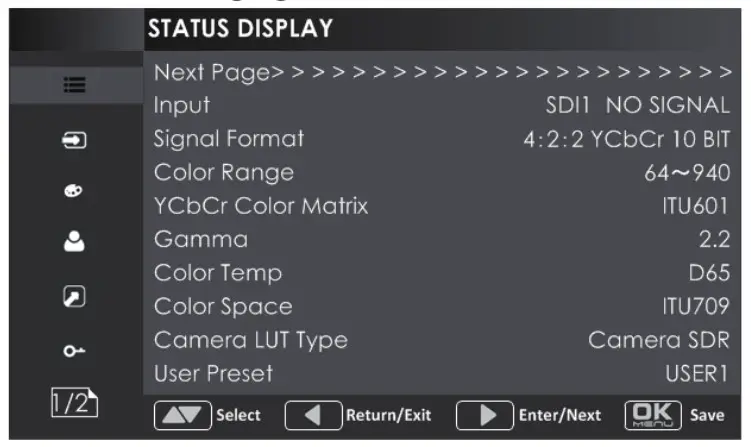 SWIT 15.6 LCD Monitor- Status Menu