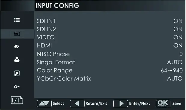 SWIT 15.6 LCD MonitorMarker--- Input Config Menuu