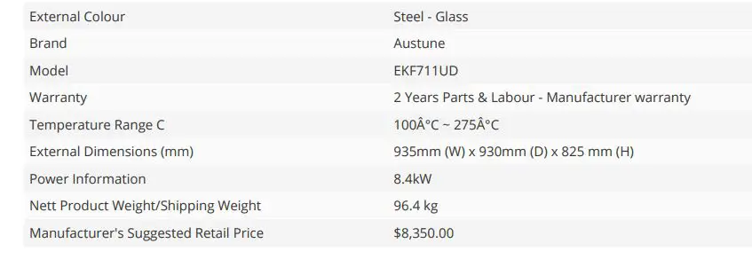 Austune EKF711UD Steam Combi Oven - Additional Information