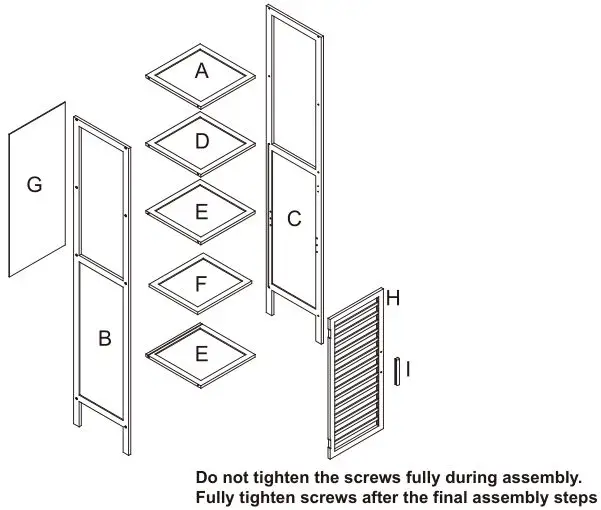 Kmart 43024230 Slated Bambo Tall Shelf with Door - Do not tighten the screws fully during assembly. Fully tighten screws after the final assembly steps.