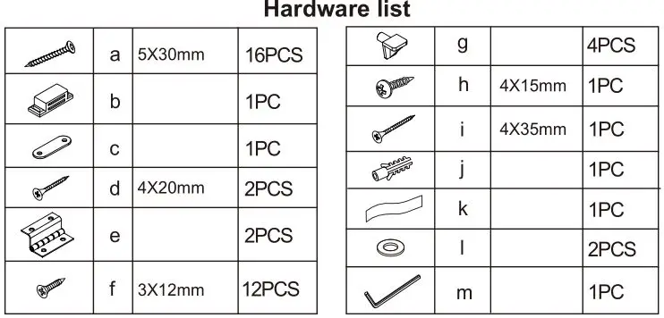 Kmart 43024230 Slated Bambo Tall Shelf with Door - Hardware list
