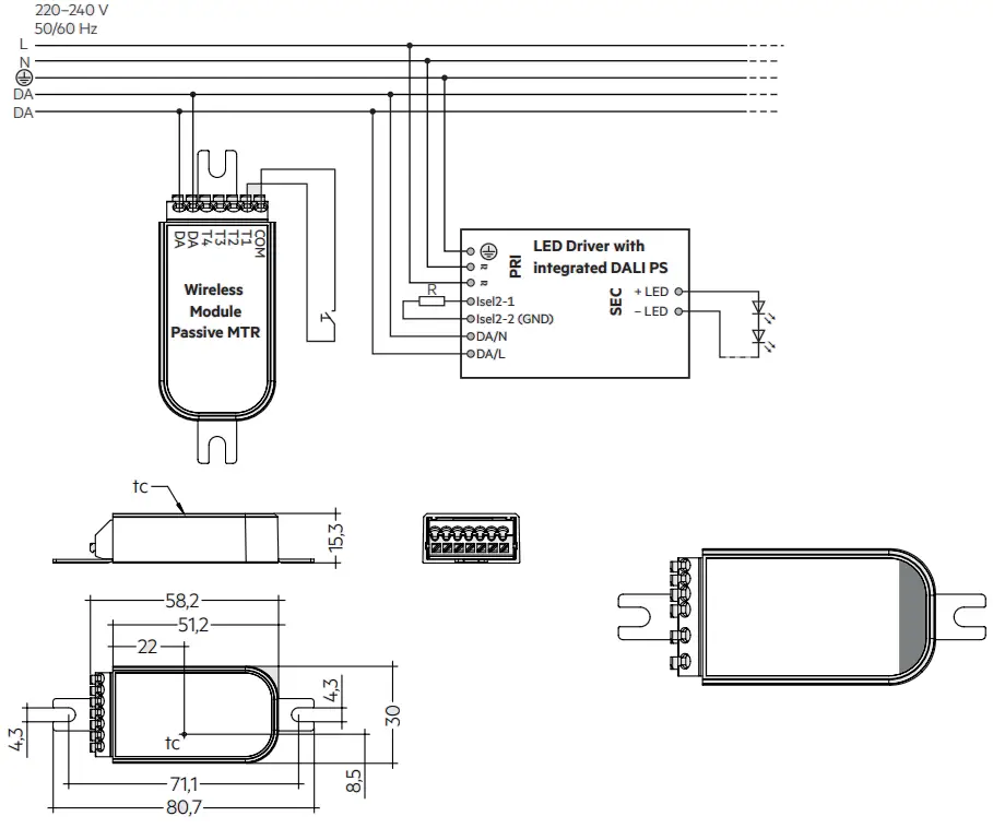 TRIDONIC Wireless Module Passive MTR - Wiring diagram with integrated DALI PS