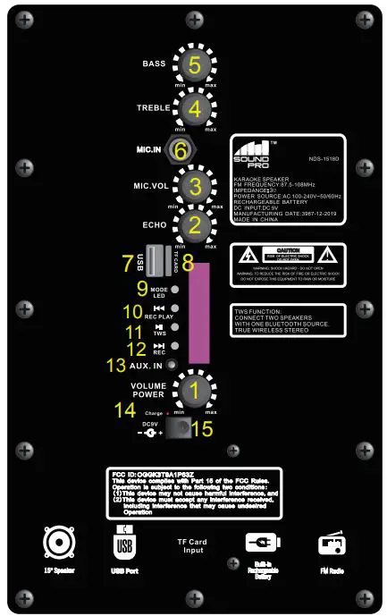 naxa NDS-1518D 15-Inch Dual Portable Speakers with Bluetooth and TWS Instruction Manual - CONTROL PANEL