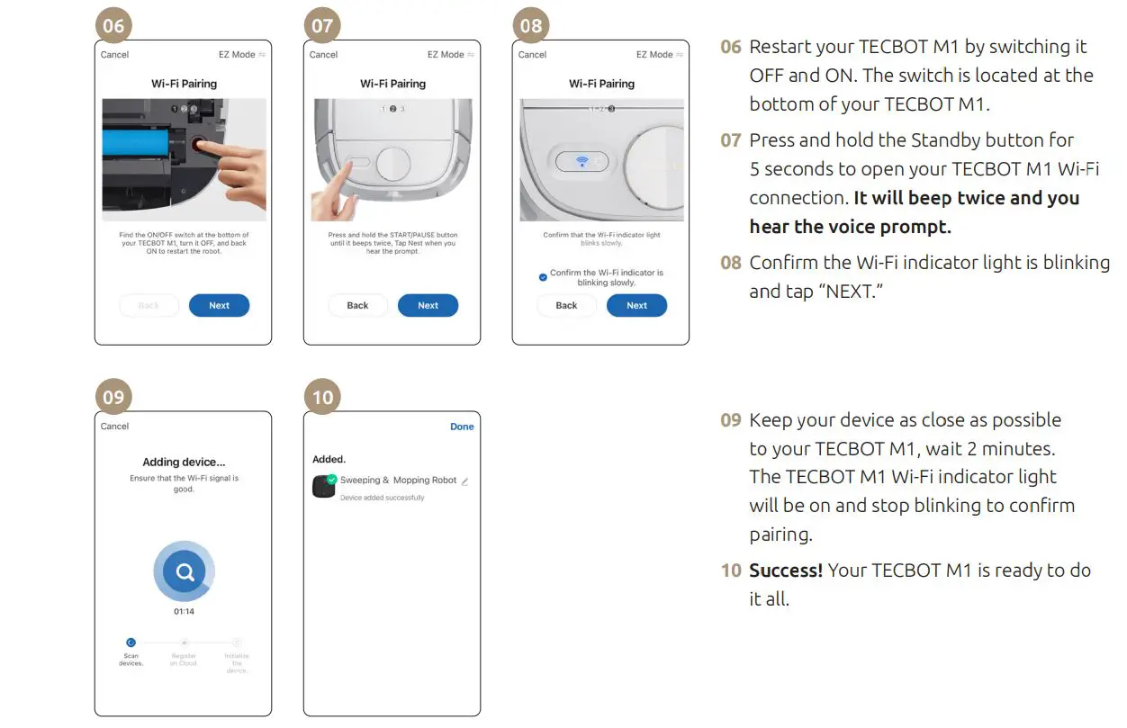 tecbot M1 4-In-1 Robot Vacuum Cleaner User Manual - EZ mode