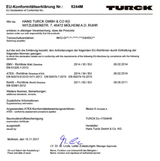 TURCK IMX12 DI01 2S 2T 0 Isolating Switching Amplifier - EU Declaration of Conformity