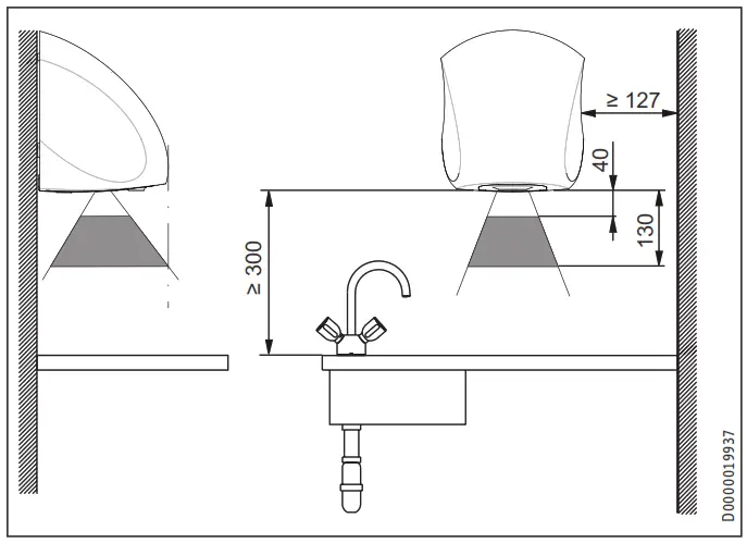 STIEBEL ELTRON Ultronic W Hand Dryer - Minimum clearances
