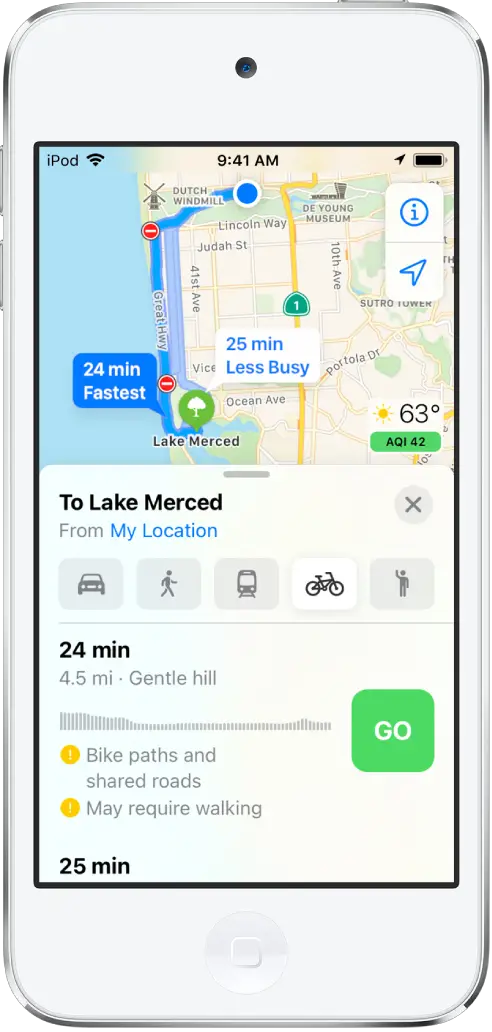 A map showing multiple cycling routes. The route card on the bottom provides details for the first route, including estimated time, elevation changes, and the types of roads. A Go button appears next to the route description.