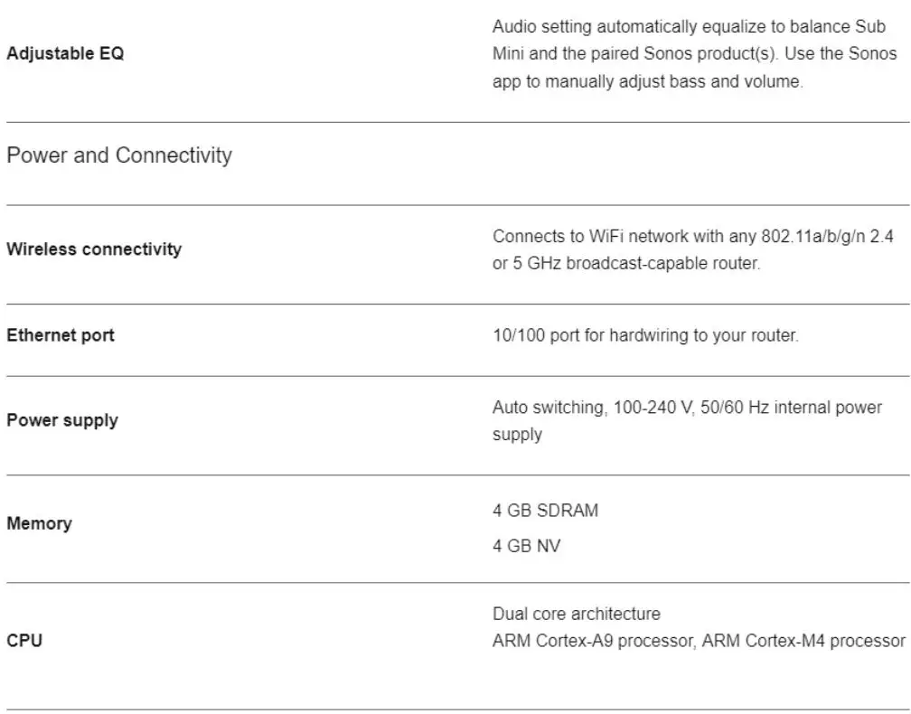 SONOS SOSUBMINIBK Sub Mini (B) Wireless Subwoofer Instruction Manual - Specifications