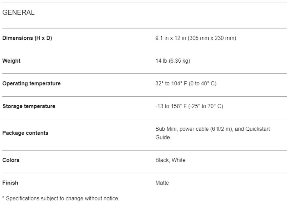 SONOS SOSUBMINIBK Sub Mini (B) Wireless Subwoofer Instruction Manual - Specifications