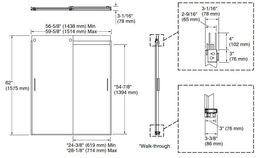 KOHLER K 706000 L Levity Frameless Sliding Bath Door - fig