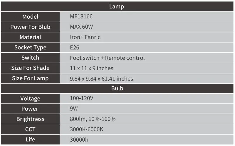SUNMORY MF18166 Arc Floor Lamp with Remote Control User Manual - Parameter
