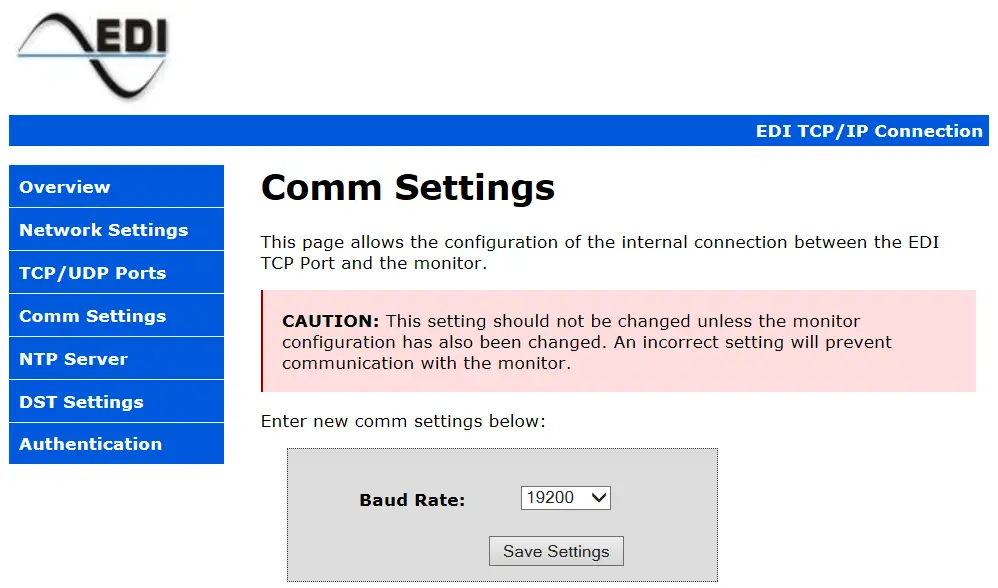 Eberle Design Ethernet Port COMM SETTINGS PAGE