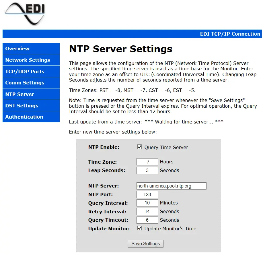 Eberle Design Ethernet Port NTP SERVER PAGE
