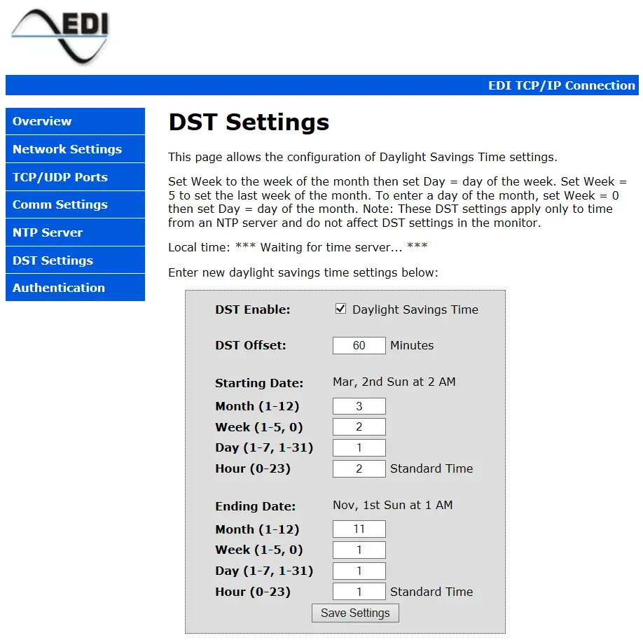 Eberle Design Ethernet Port DST SETTINGS