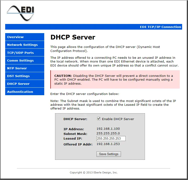 Eberle Design Ethernet Port DHCP SERVER