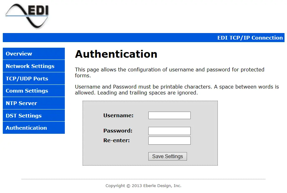Eberle Design Ethernet Port AUTHENTICATION PAGE