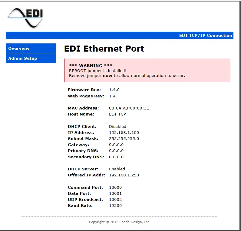 Eberle Design Ethernet Port User RESET TO FACTORY DEFAULT