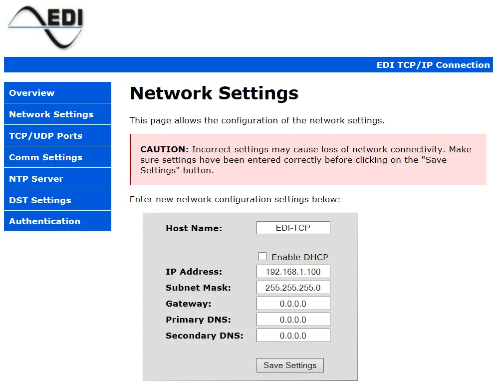 Eberle Design Ethernet Port NETWORK SETTINGS PAGE