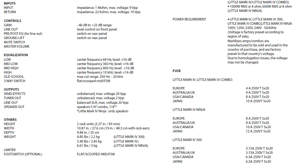Mark bass 525678 little mark iv 300 Watt Bass Amplifier Head Owner's Manual-5