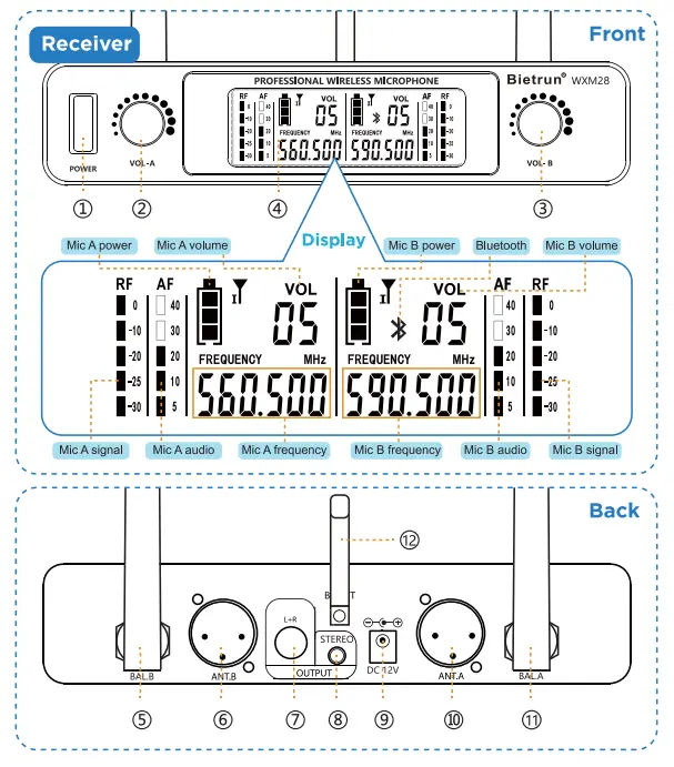 BIETRUN WXM28 UHF Professional 2 Channels Rechargeable Wireless Microphone System - fig 2