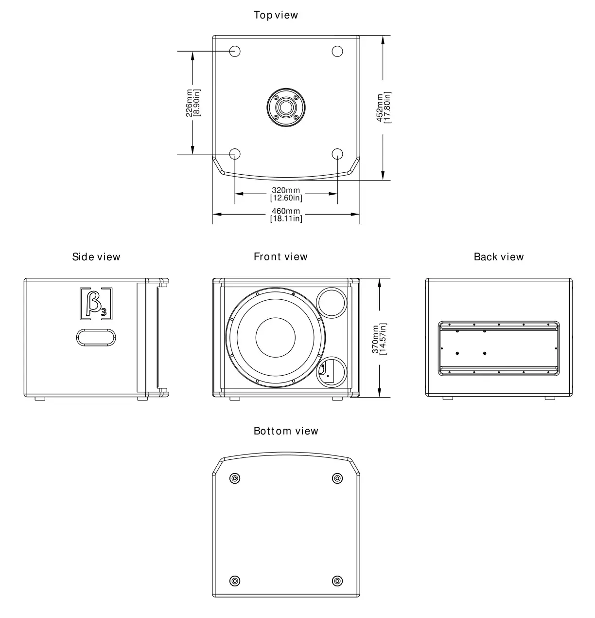 Beta Three MU12Ba 12 Inch Subwoofer MU Series Pro Loudspeaker System - 2D Dimension